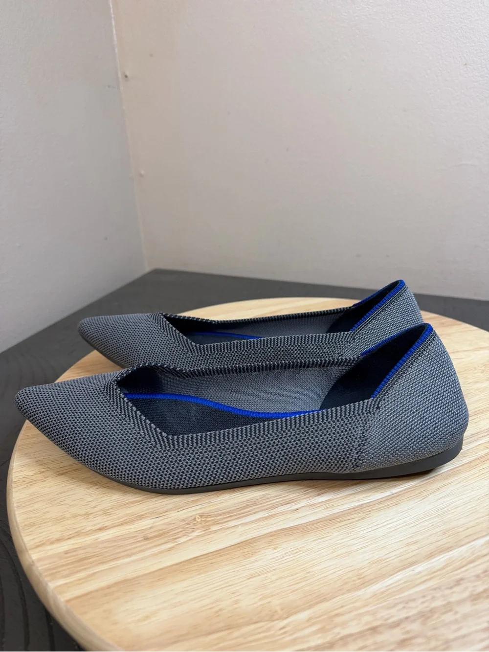 Rothy's Gray Pointed Knit Flats with Blue Trim